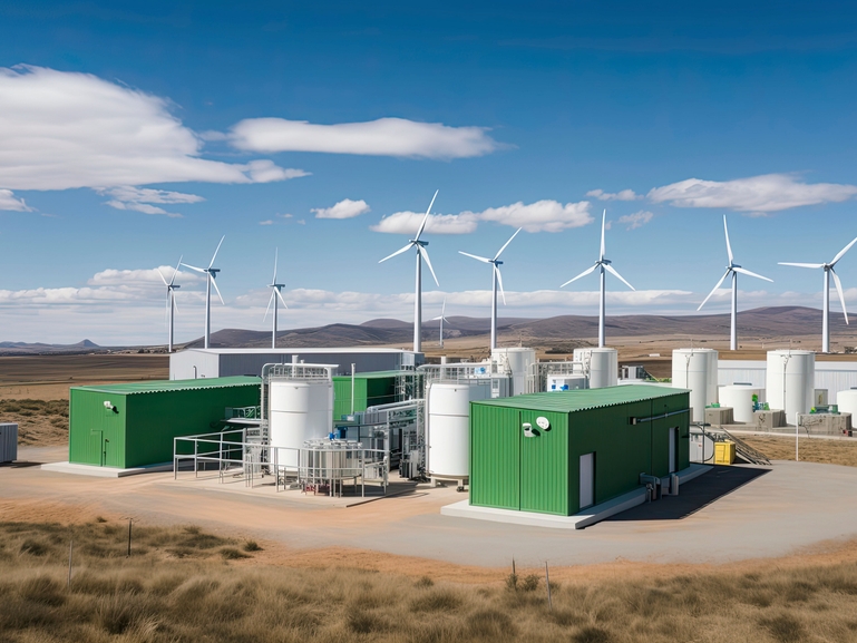 Planta electrolizadora con molinos de viento en el fondo para la producción ecológica de hidrógeno Planta electrolizadora con molinos de viento en el fondo